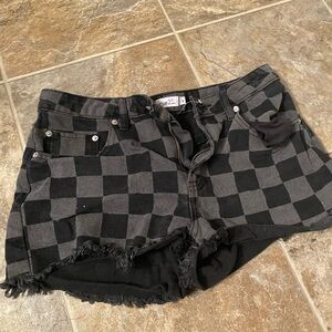 Black and Grey Denim Checkerboard Shorts